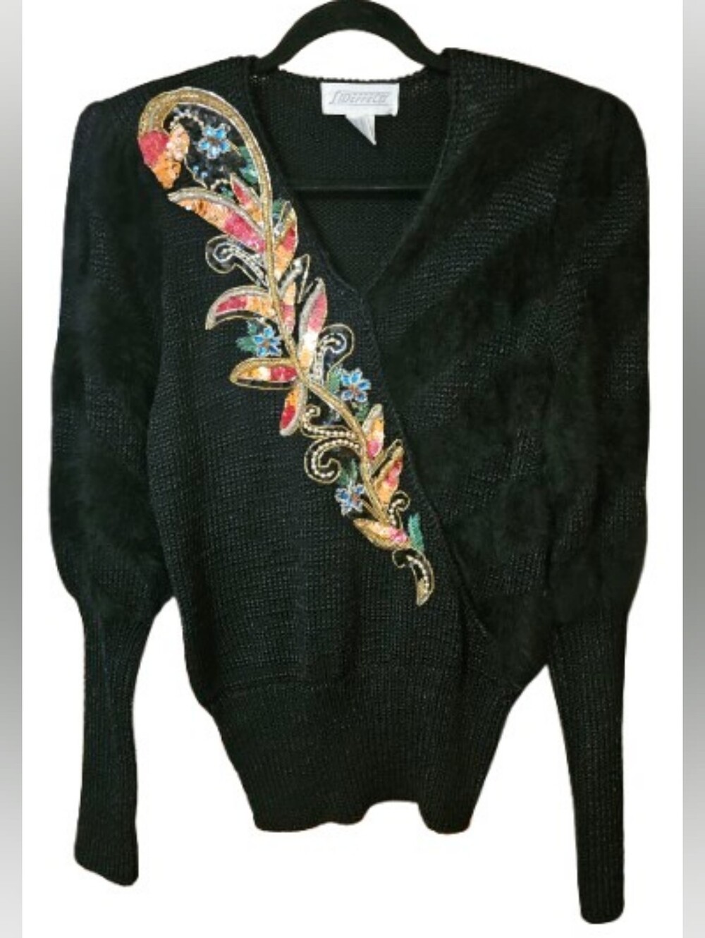 Sideffects Vintage Angora Lambswool Sweater w/striking sequined floral applique.